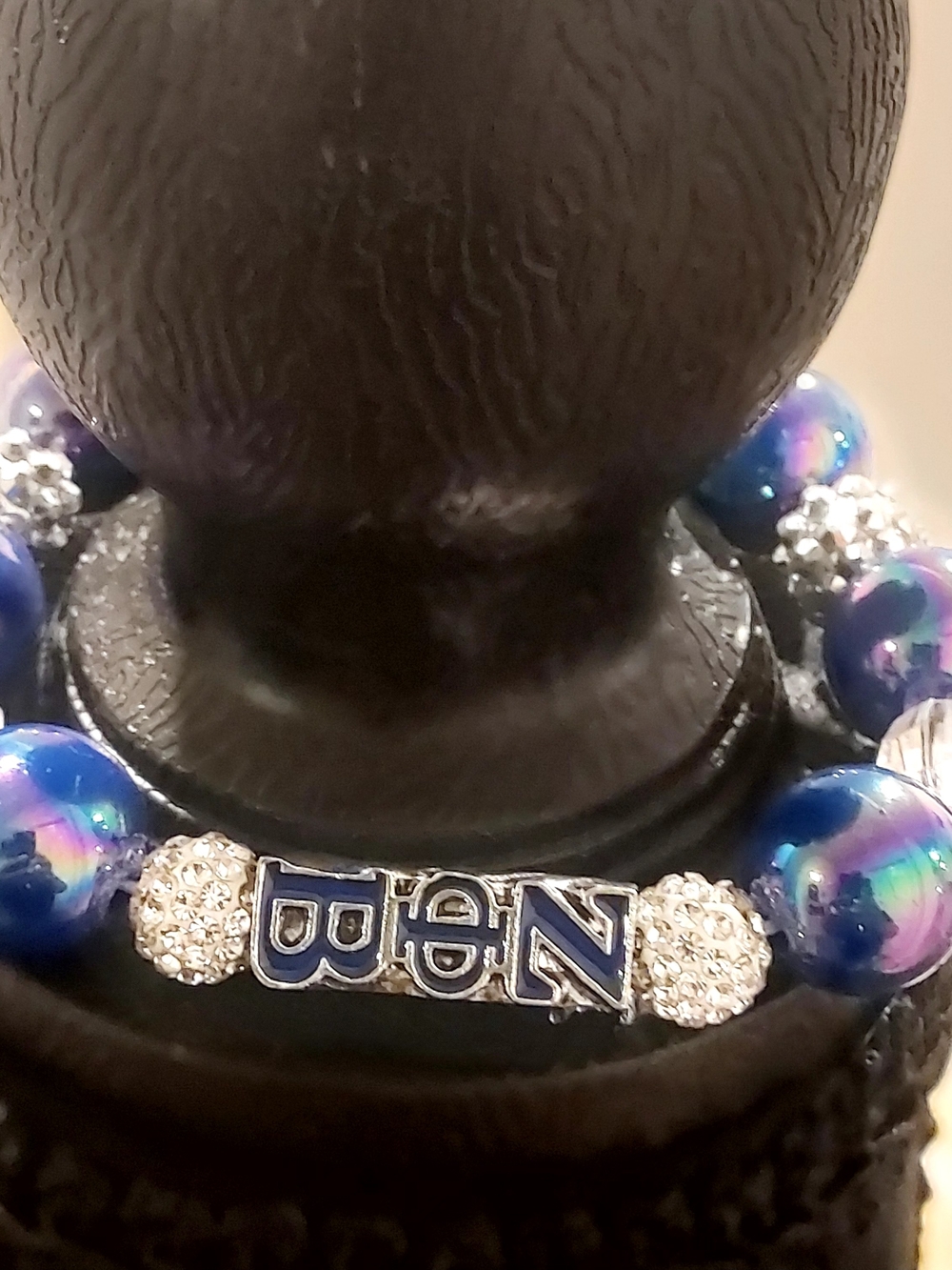 Handmade ZETA PHI BETABlue Iridescent Beaded 'ZEN' Bracelet with Crystal Accents